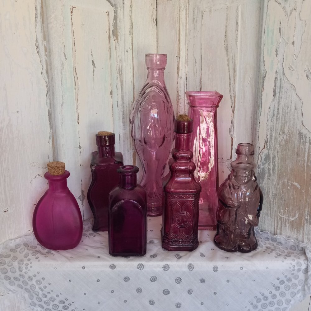 Collection of 8 Magenta and Purple Colored Glass Bottles - Picture 2 of 16